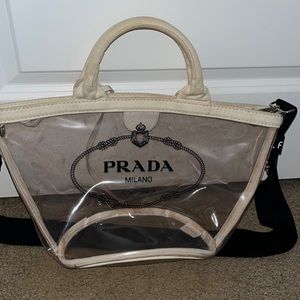 Authentic Prada Pu and linen shoulder/tote bag.